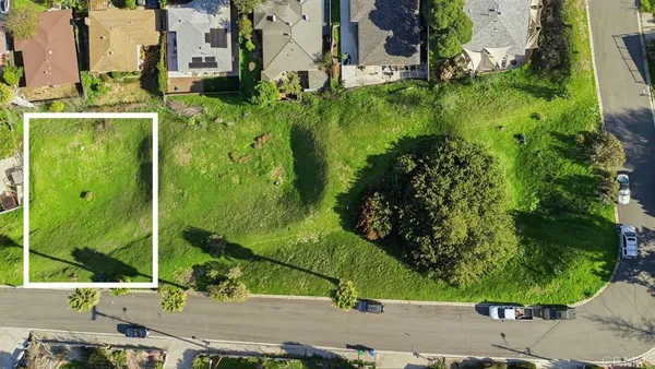 an aerial view of residential houses with outdoor space and trees