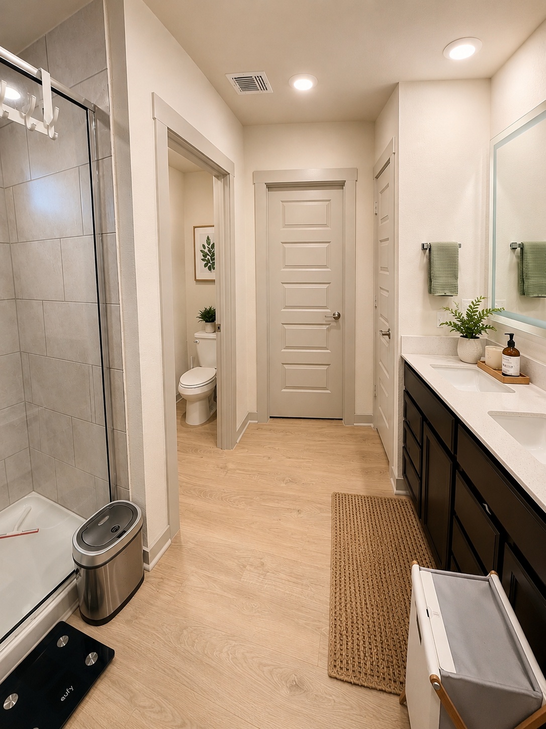 10924 Meris Lane Austin, TX 78754 - Photo 9 of 20 Bathroom featuring a spacious walk-in shower with tile surround, a double vanity with stone countertop, and light wood-finish flooring