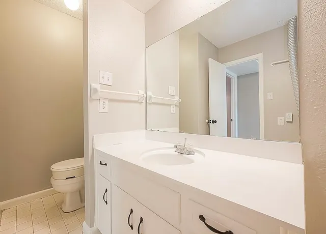 a bathroom with a sink a toilet and mirror