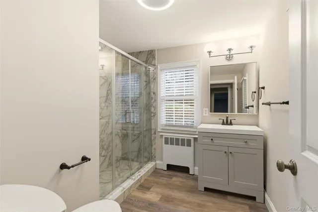 a bathroom with a double vanity sink toilet and shower