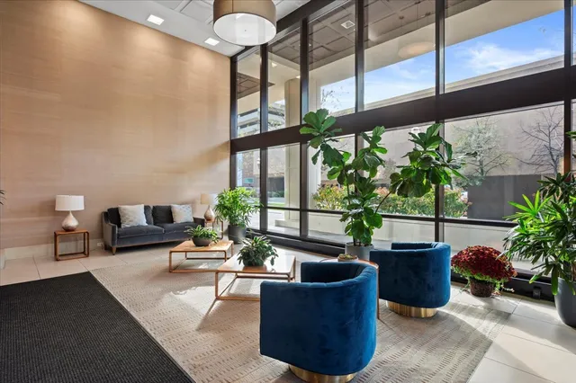 a living room with furniture potted plant and a large window