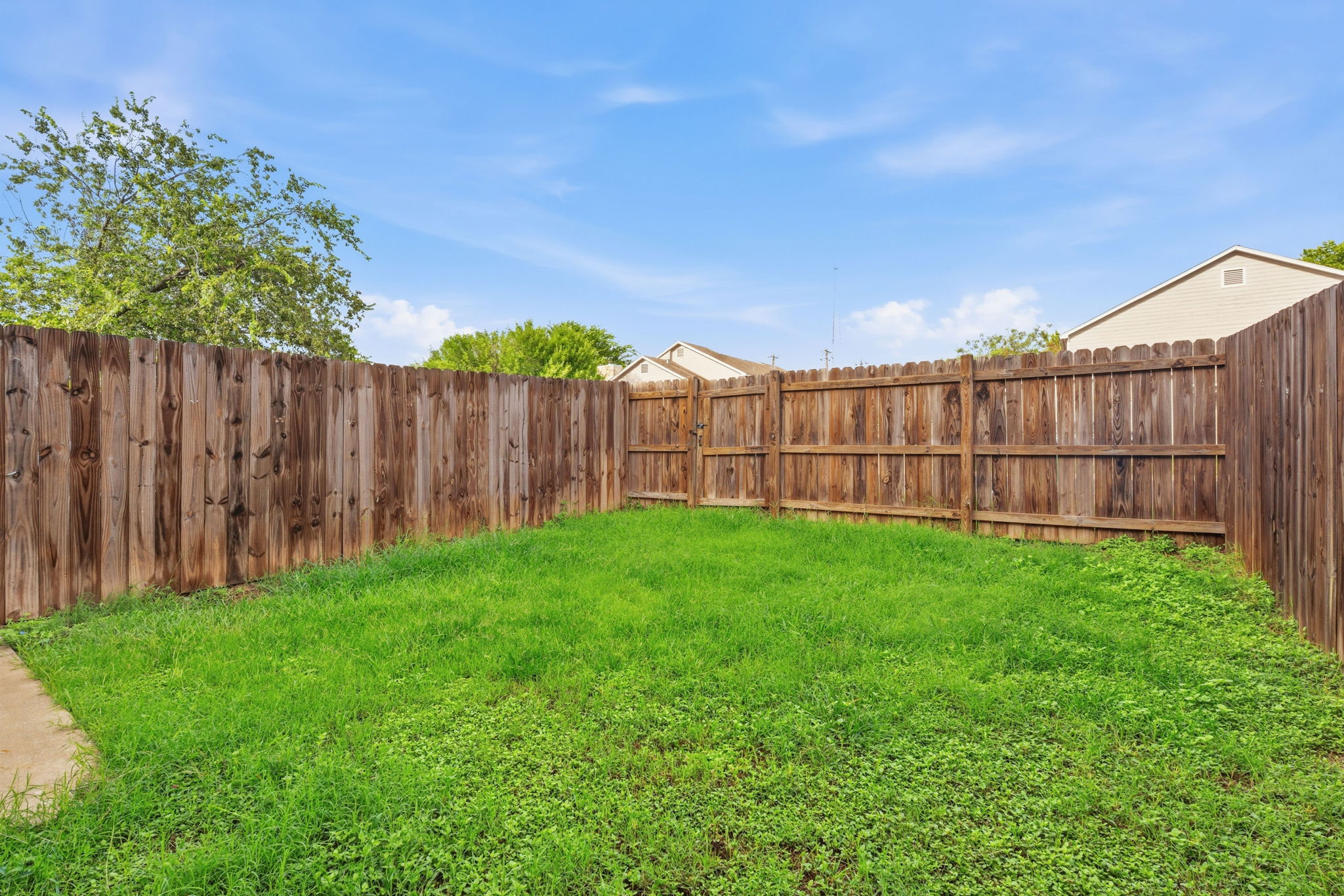 8811 Schick Road Austin, TX 78729 - Photo 25 of 27 A well-maintained wooden fence encloses a private yard of lush greenery, offering a serene outdoor retreat.