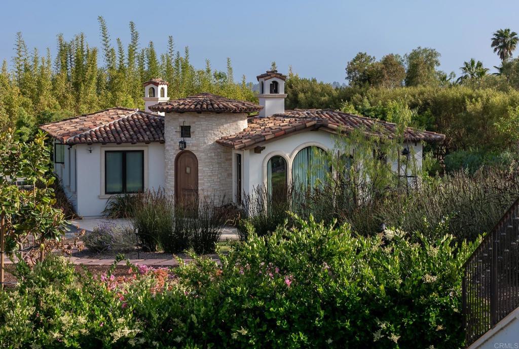 a aerial view of a house with a yard and potted plants