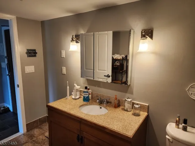 a bathroom with a granite countertop sink and a mirror