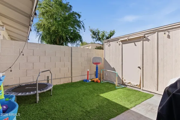 a view of a backyard with potted plants and a large tree