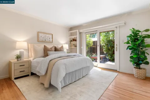 a spacious bedroom with a large bed and a potted plant