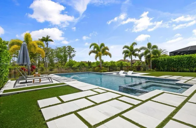 a view of a swimming pool with a garden