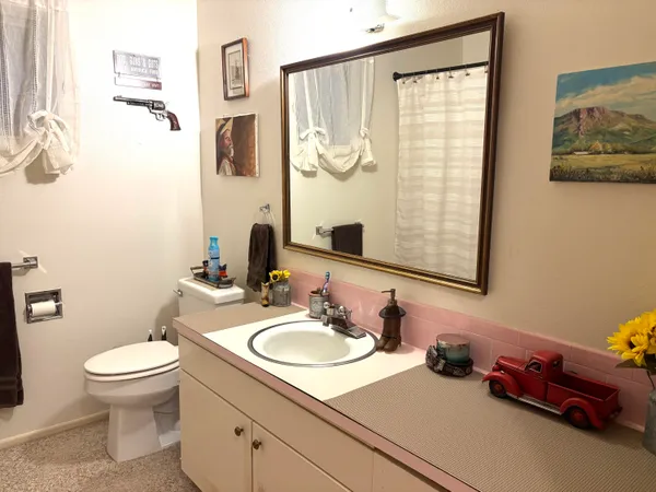 a bathroom with a sink toilet and shower