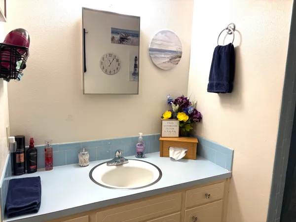 a bathroom with a sink and a mirror