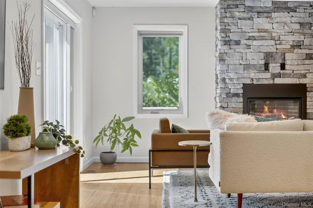 a living room with furniture and a potted plant