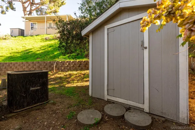 a view of a yard with plants and large trees