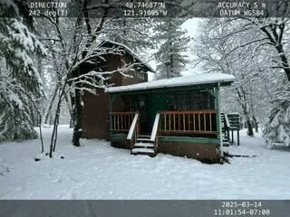 a view of backyard with a small cabin