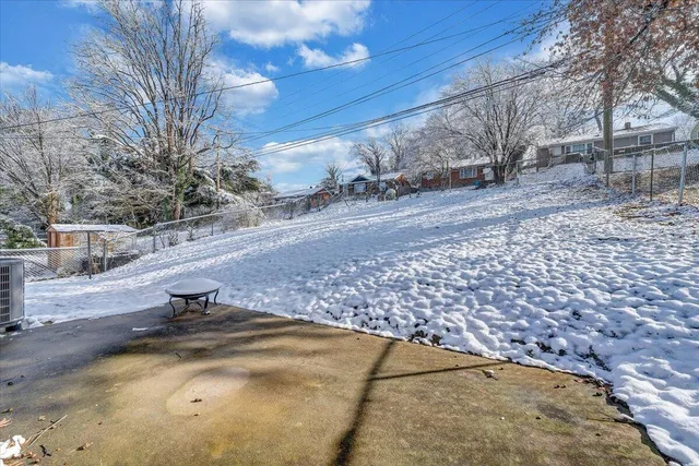 a backyard of a house with table and chairs