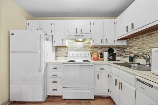 a kitchen with refrigerator a stove a sink and cabinets