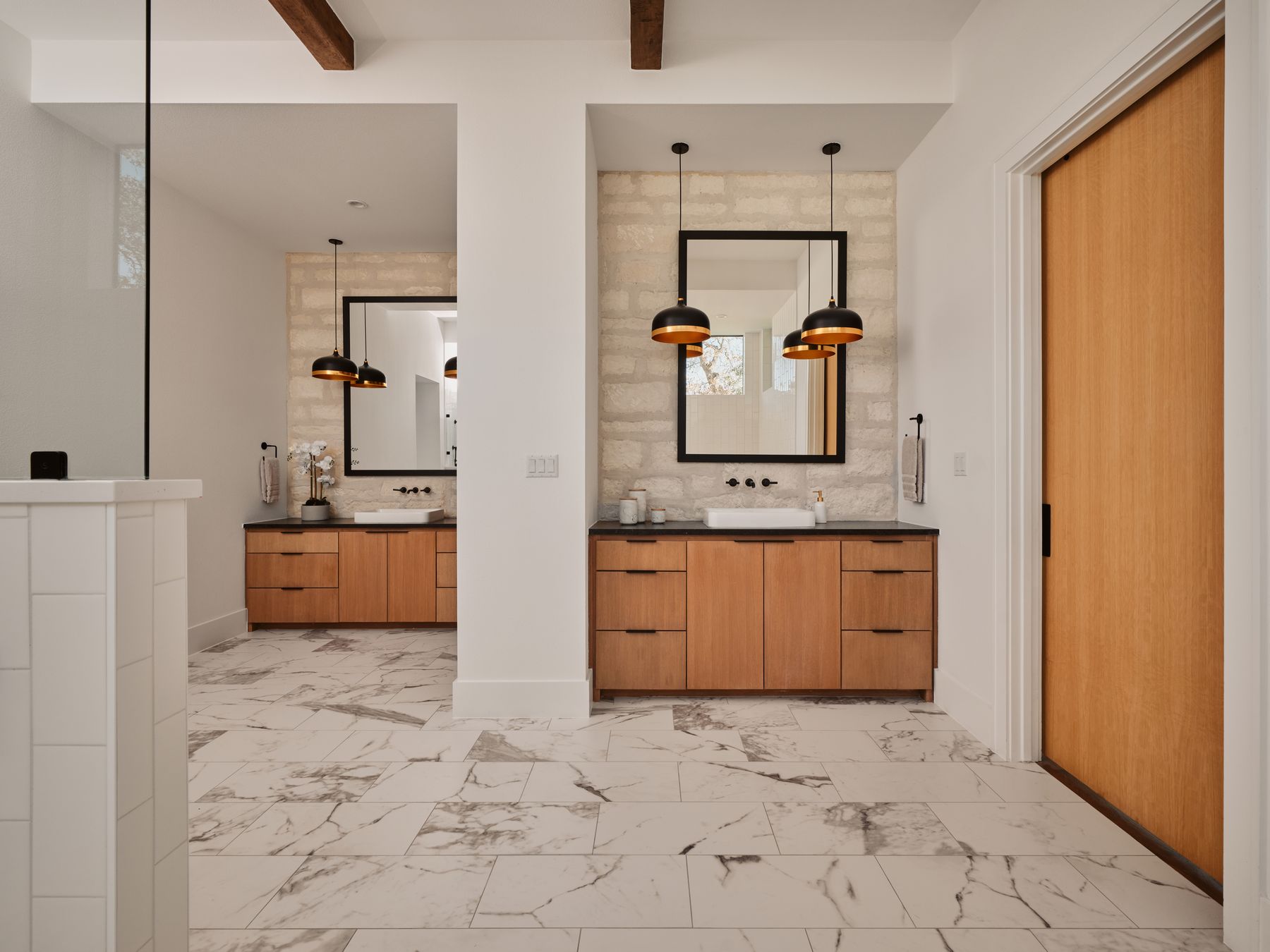 183 Tiffanie Way Austin, TX 78737 - Photo 18 of 37 Full bathroom with beamed ceiling, light marble finish floors, two vanities, and decorative backsplash