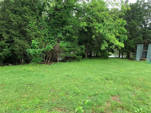 a view of a grassy field with trees in the background