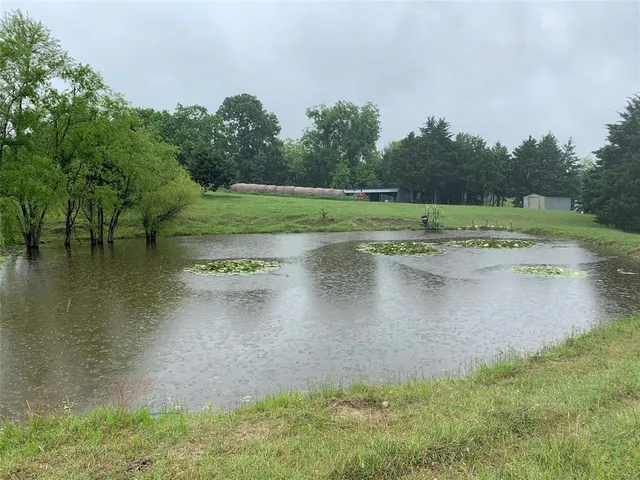a view of a water pond with green yard