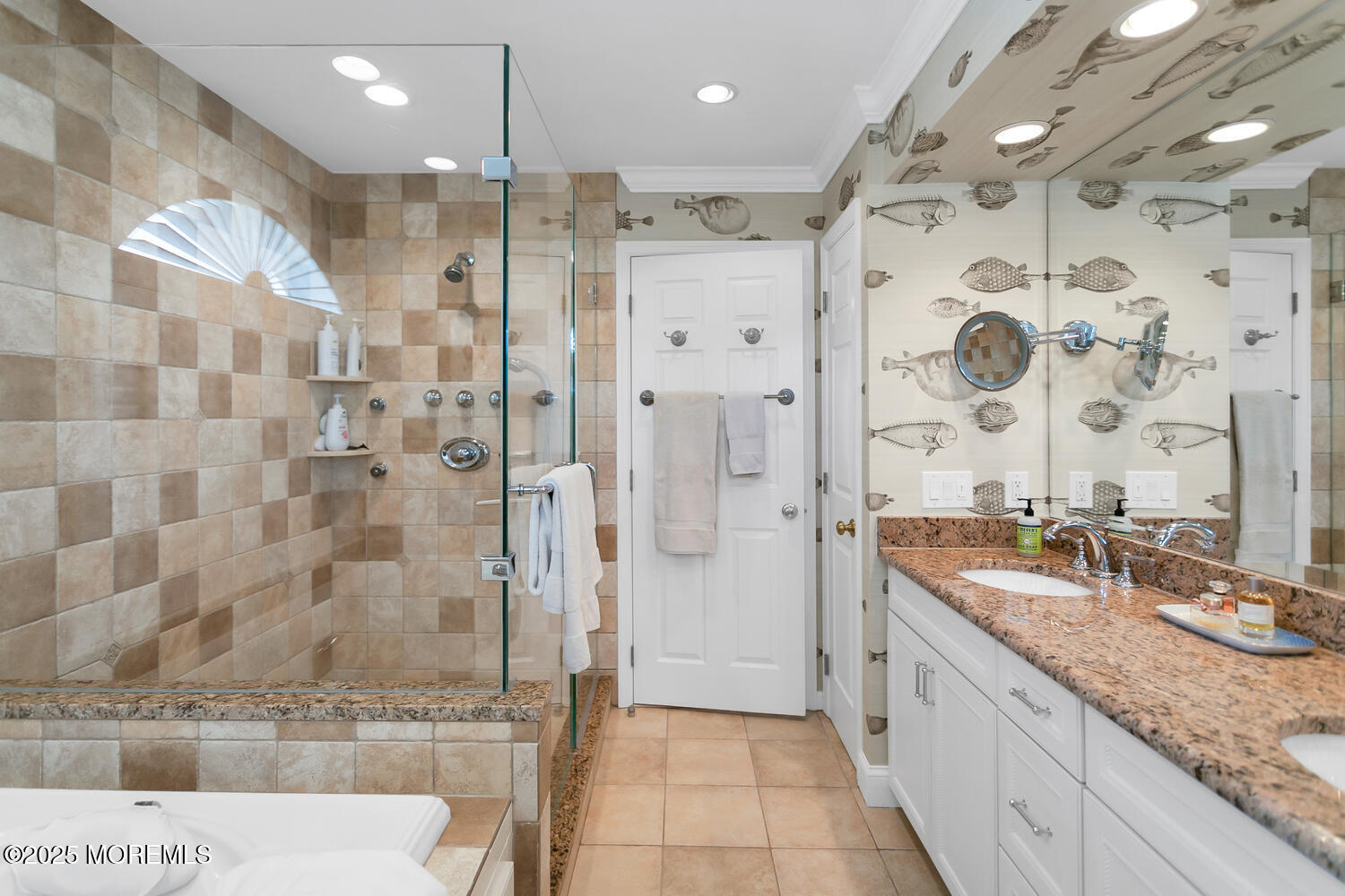 109 Salem Avenue Spring Lake, NJ 07762 - Photo 39 of 67 a bathroom with a granite countertop sink a shower a mirror and a shower