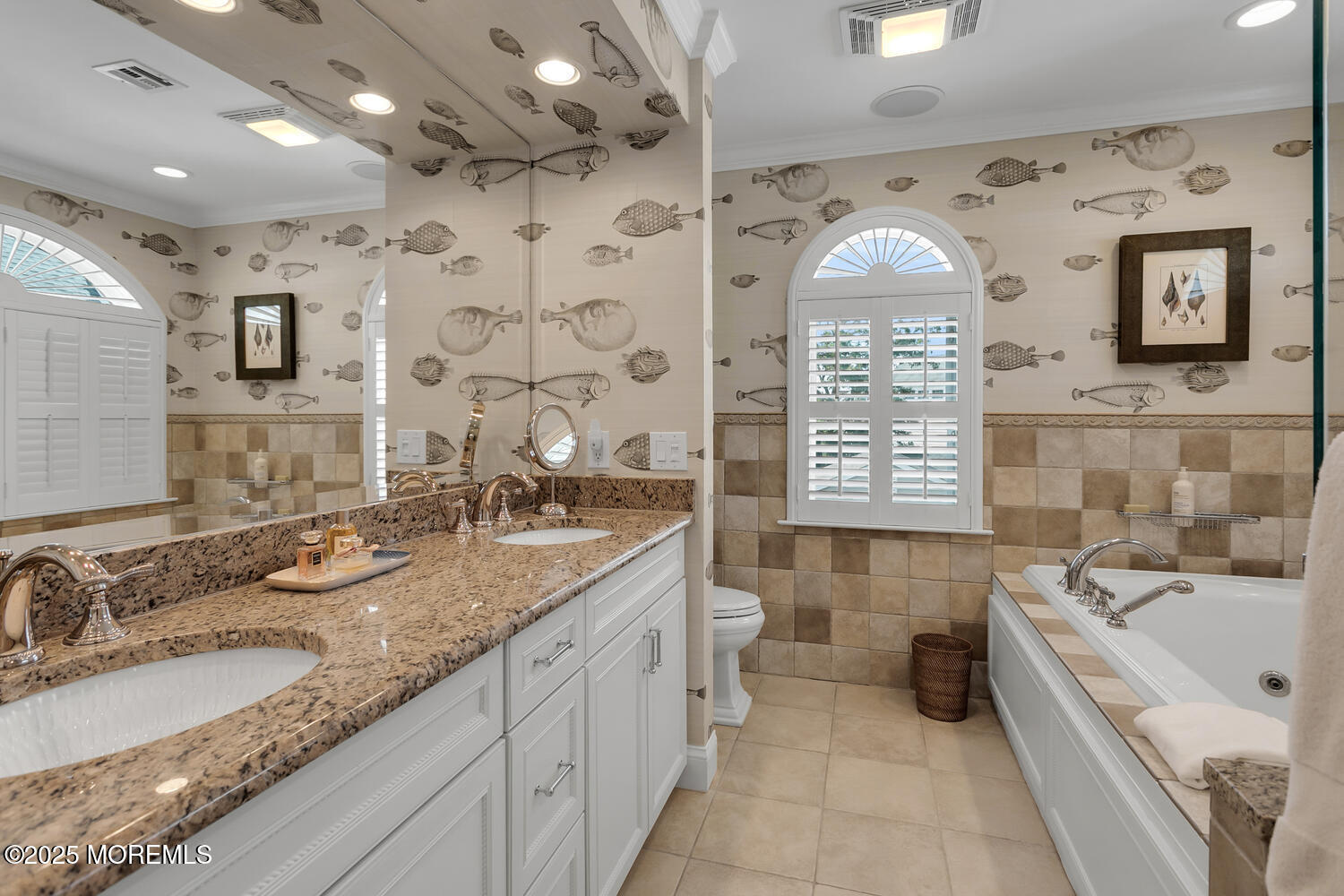 109 Salem Avenue Spring Lake, NJ 07762 - Photo 41 of 67 a spacious bathroom with a granite countertop double vanity sink a mirror and a bathtub