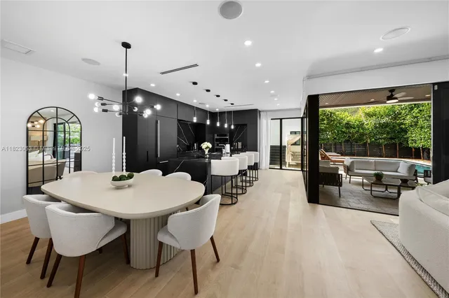 a view of a dining room with furniture wooden floor and chandelier