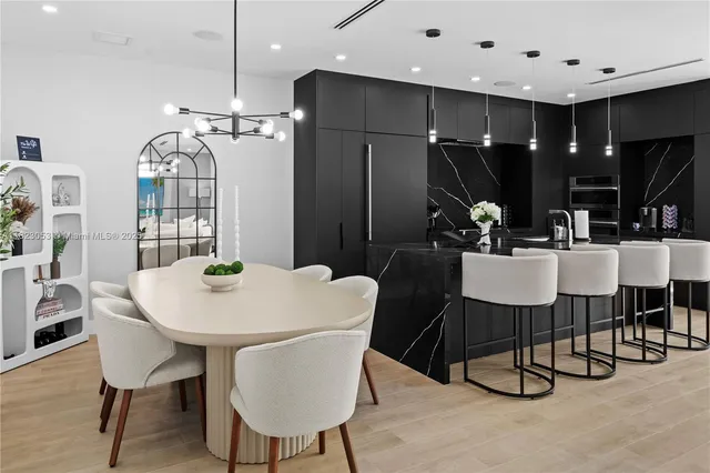 a view of a dining room with furniture