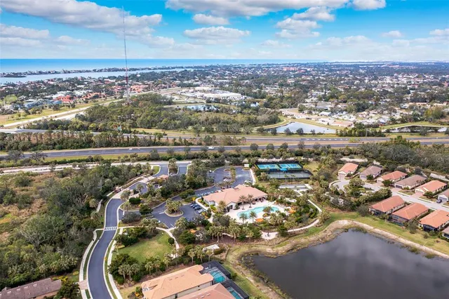 an aerial view of a swimming pool