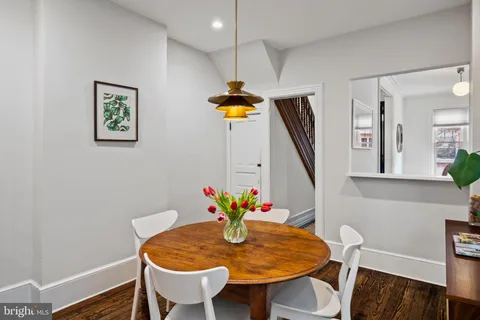 a view of a dining room with furniture window and wooden floor