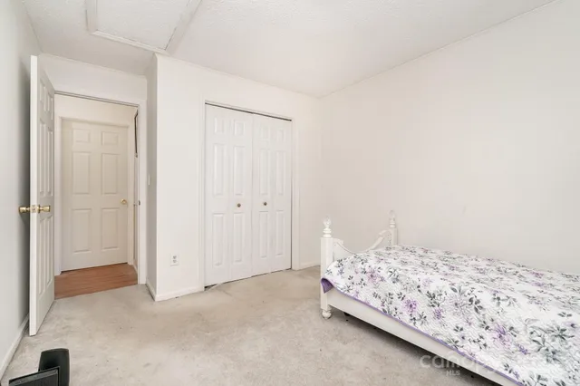 a bedroom with a bed and a closet