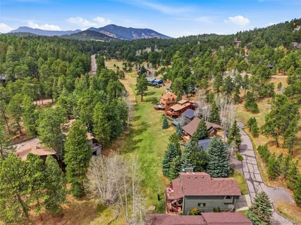 an aerial view of residential houses with outdoor space and trees