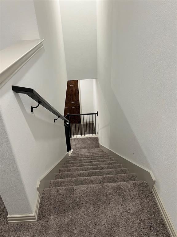 6041 Roper Road McKinney, TX 75070 - Photo 23 of 24 Carpeted staircase featuring a dark handrail with black iron balusters