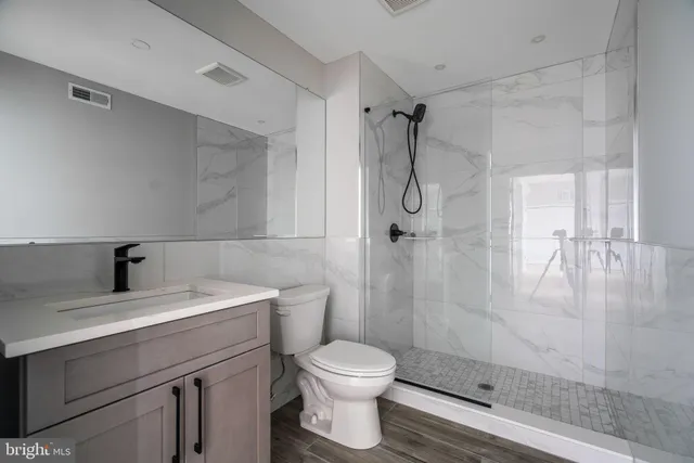 a bathroom with a shower toilet and a sink