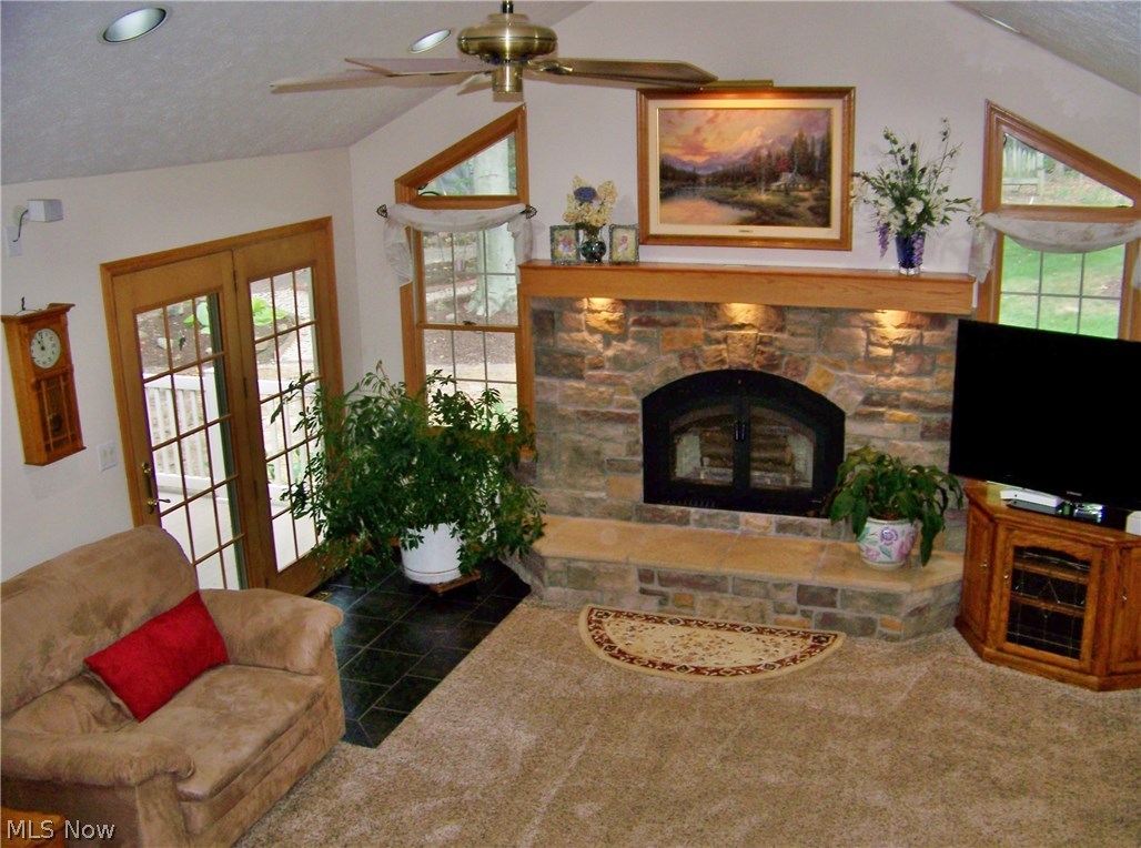 625 Wall Road Wadsworth, OH 44281 - Photo 5 of 29 Family room with cathedral ceiling, stone wood-burning fireplace & French door to deck