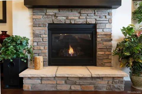 a living room with a fireplace and a potted plant