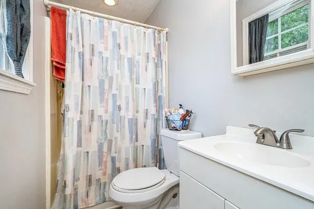 a bathroom with a sink a toilet and shower curtain