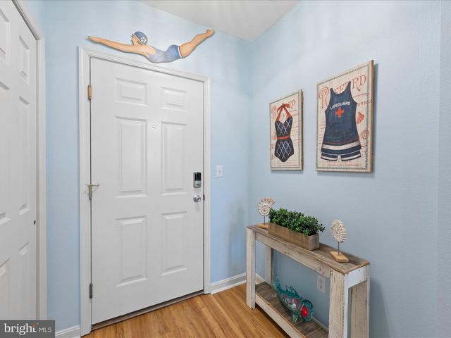 a hallway with painting on the wall and a potted plant