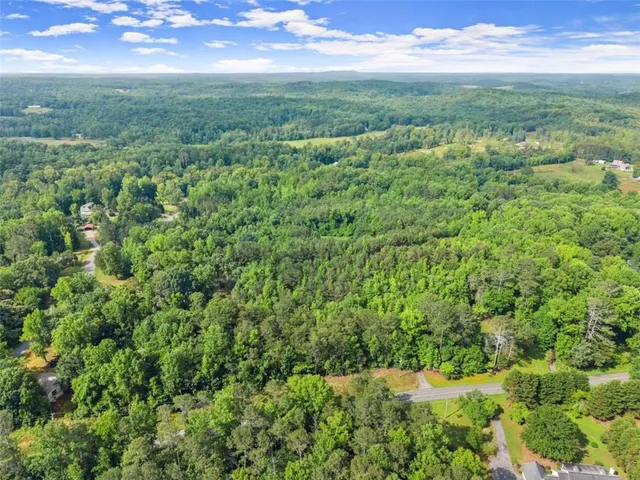 an aerial view of residential houses with outdoor space and trees