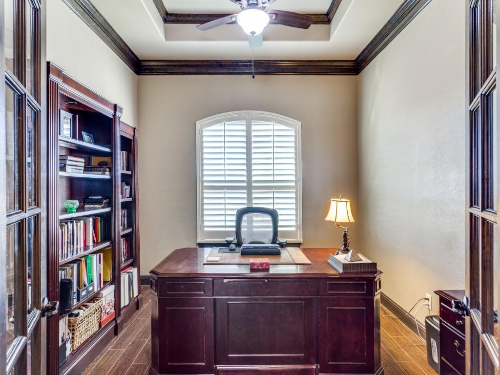 259 Hidden Creek Road Cresson, TX 76035 - Photo 13 of 28 Office with ceiling fan, wood finish floors, a tray ceiling, and crown molding
