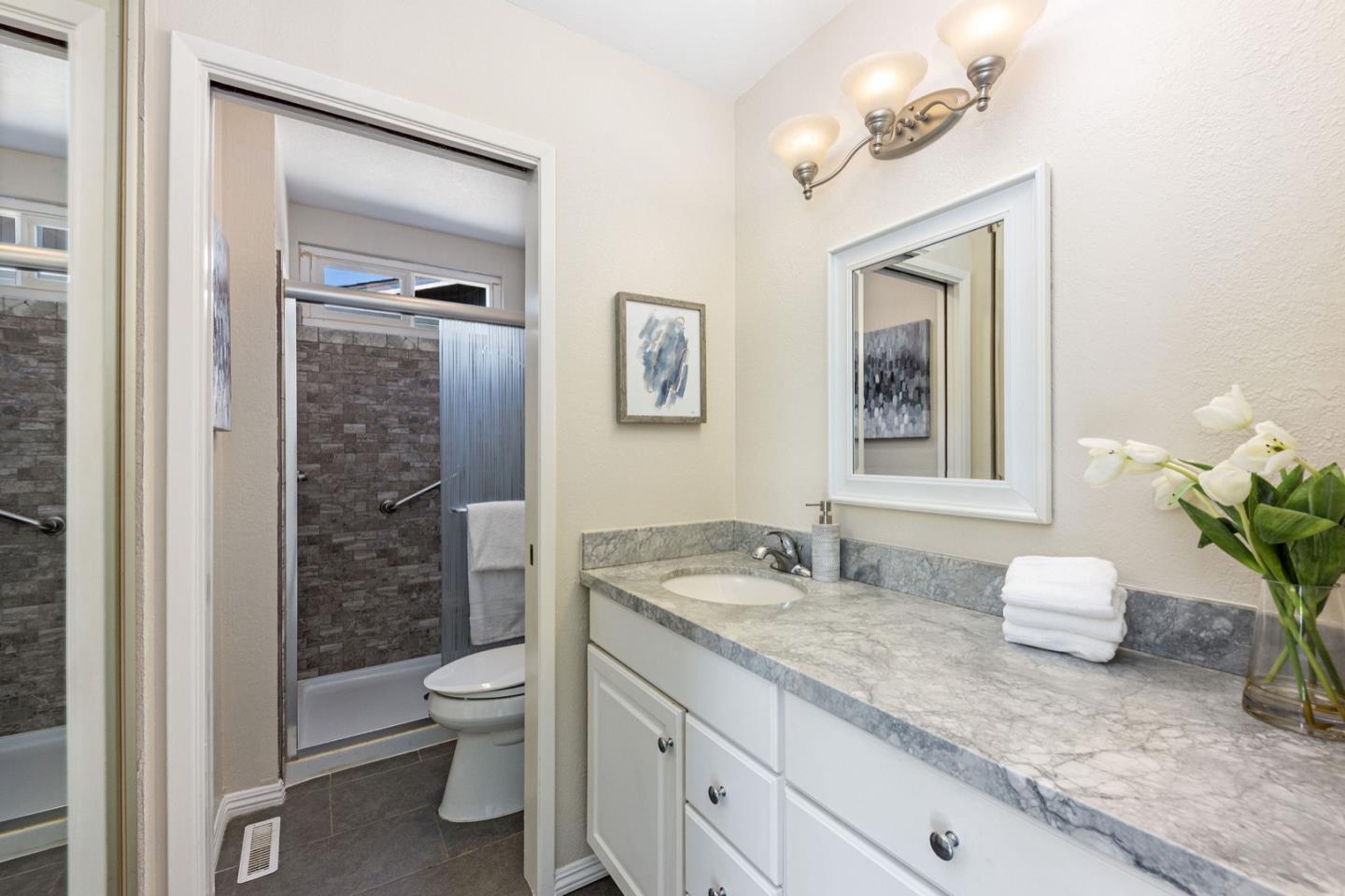 1063 Glacier Avenue Pacifica, CA 94044 - Photo 25 of 63 a bathroom with a granite countertop sink a toilet and shower