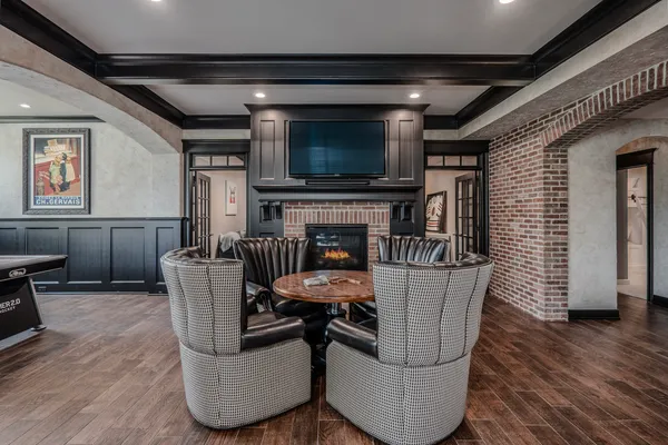 a building outdoor space with patio furniture