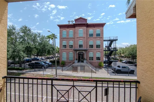 a view of a building from a balcony