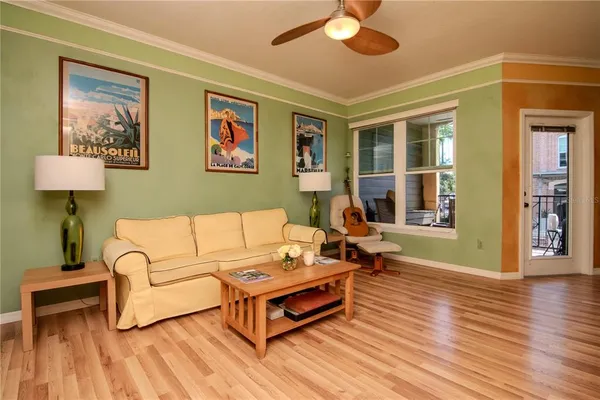 a living room with furniture and a table