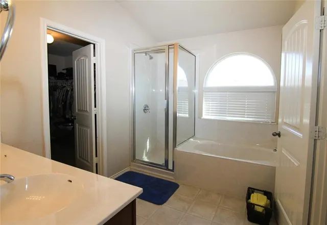 a bathroom with a tub a sink and a shower