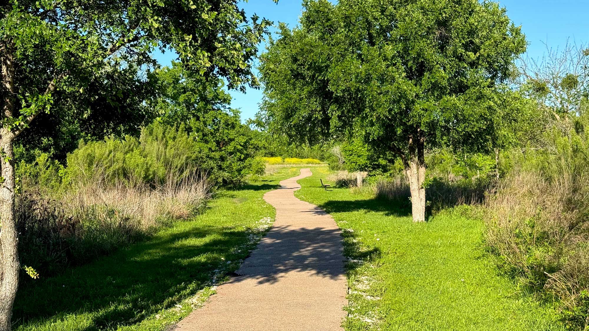 5881 Fergus Kyle, TX 78640 - Photo 37 of 40 Community walking/jogging winding paved and unpaved trails meander through a lush green landscape shaded by mature trees.