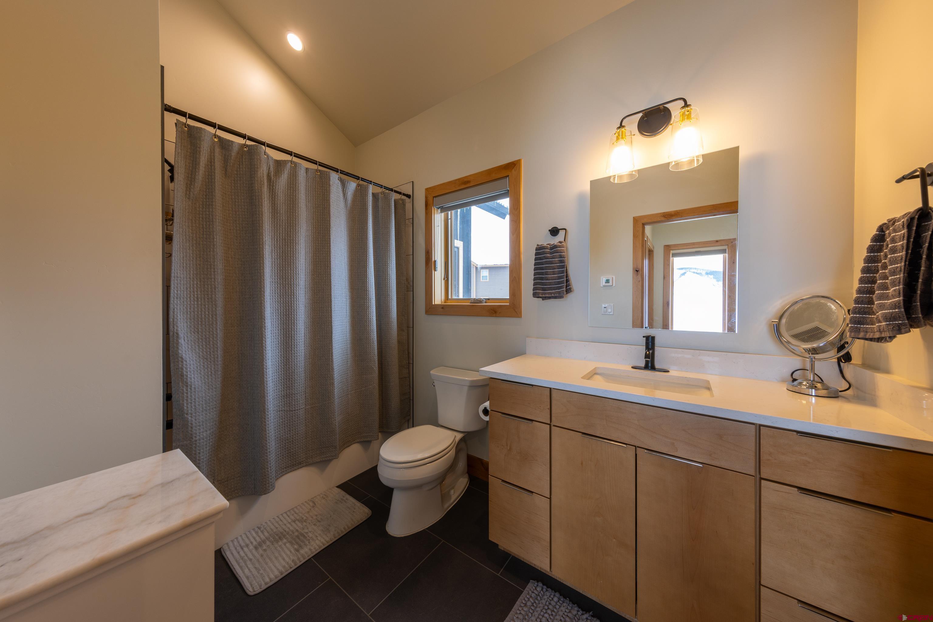 101 Elk Valley Road, Unit B Crested Butte, CO 81224 - Photo 15 of 33 a bathroom with a sink toilet a mirror and shower