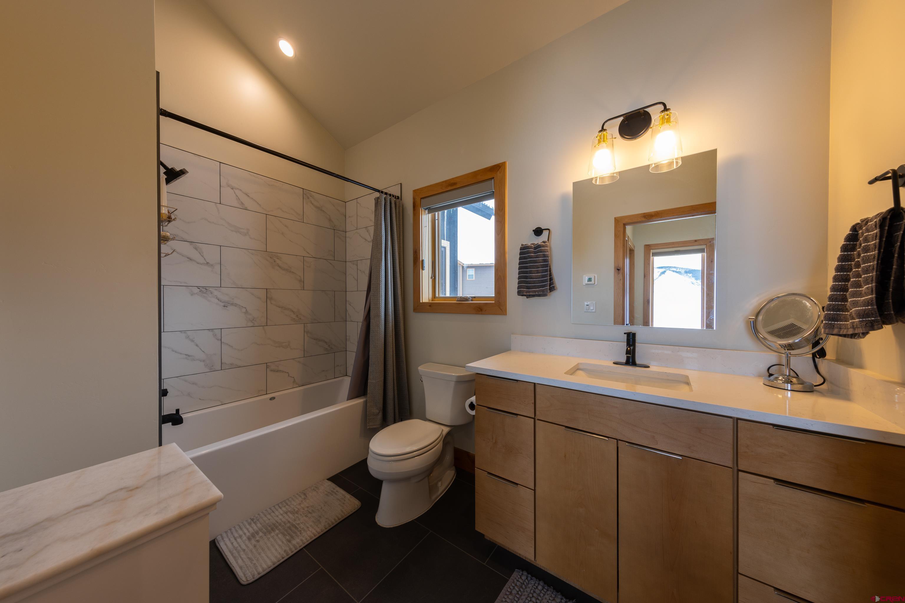 101 Elk Valley Road, Unit B Crested Butte, CO 81224 - Photo 16 of 33 a bathroom with a granite countertop sink toilet a mirror and shower