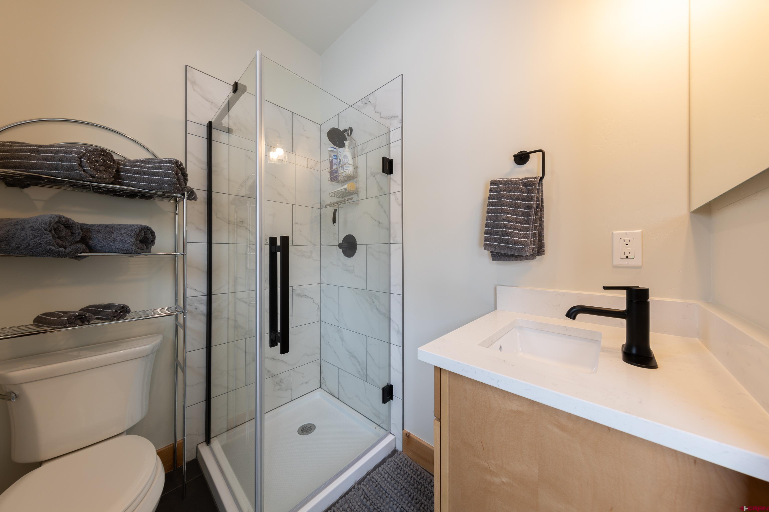 101 Elk Valley Road, Unit B Crested Butte, CO 81224 - Photo 27 of 33 a bathroom with a sink a toilet and shower