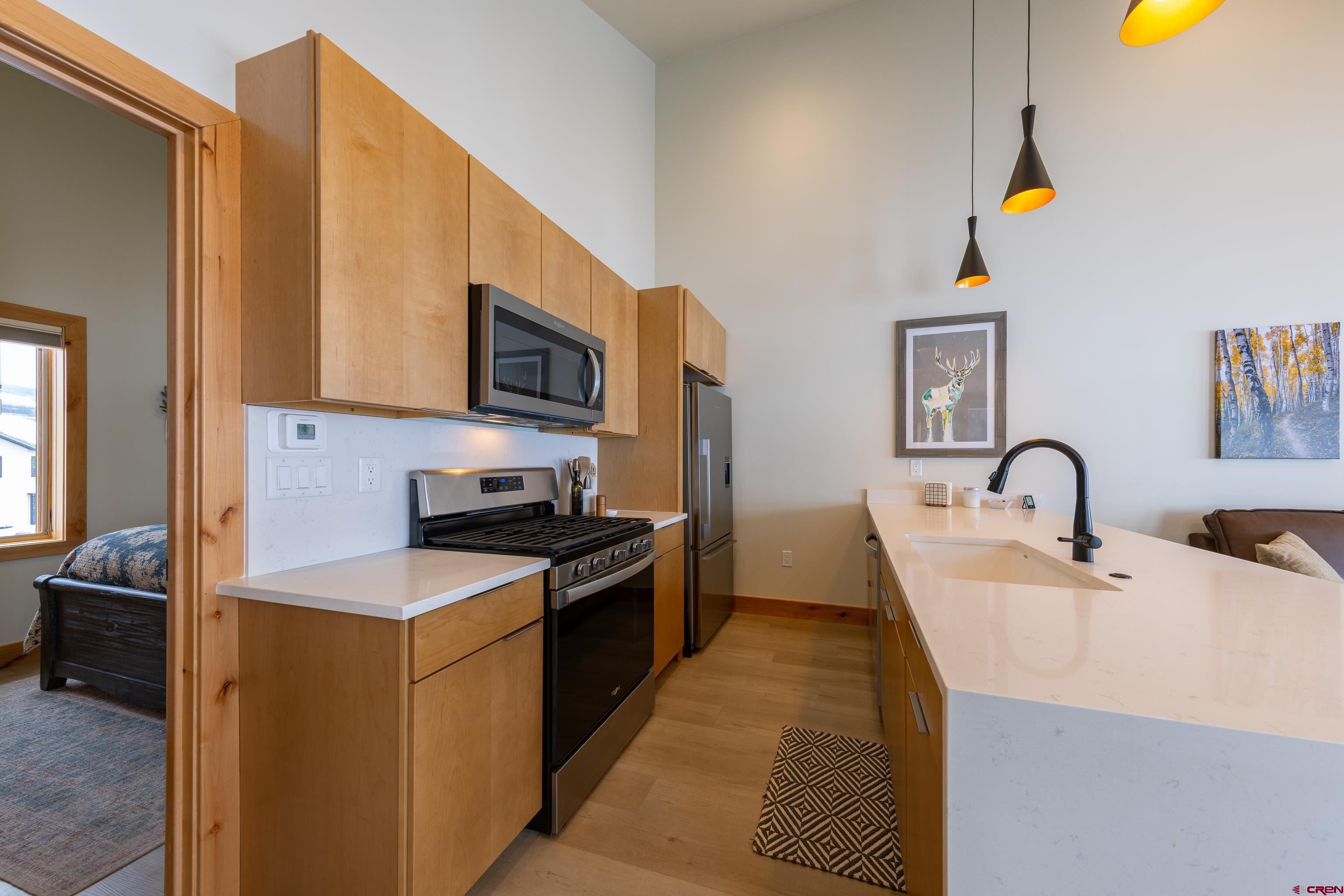 101 Elk Valley Road, Unit B Crested Butte, CO 81224 - Photo 3 of 33 a kitchen with stainless steel appliances granite countertop a stove a sink dishwasher and a microwave