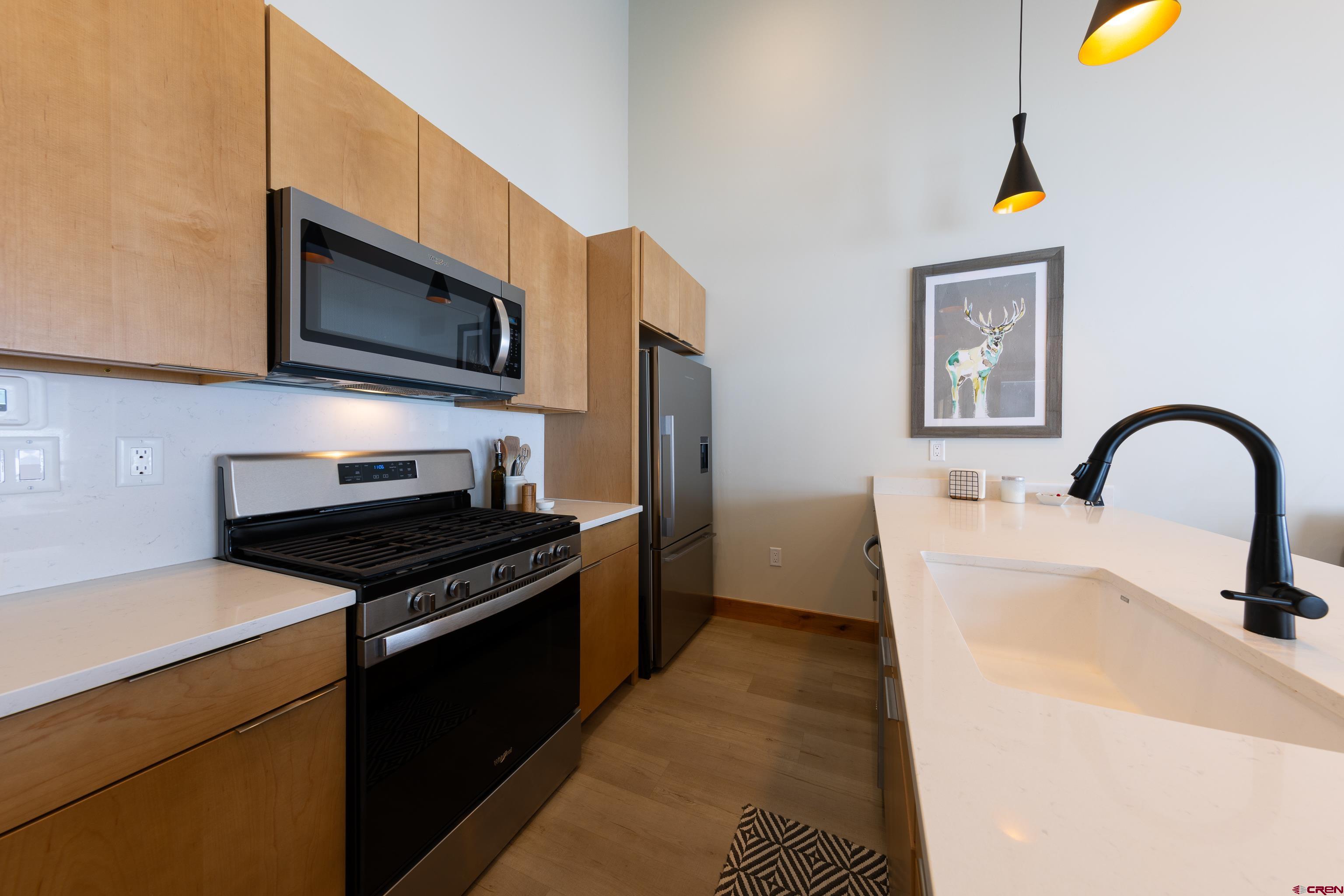 101 Elk Valley Road, Unit B Crested Butte, CO 81224 - Photo 6 of 33 a kitchen with stainless steel appliances a stove a microwave and a sink