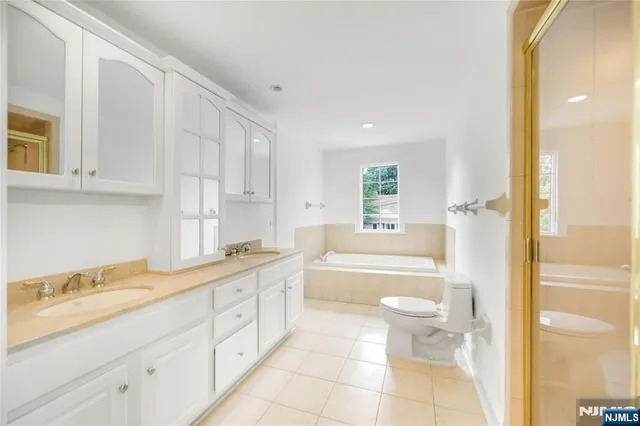 a bathroom with a granite countertop sink a toilet and a bathtub