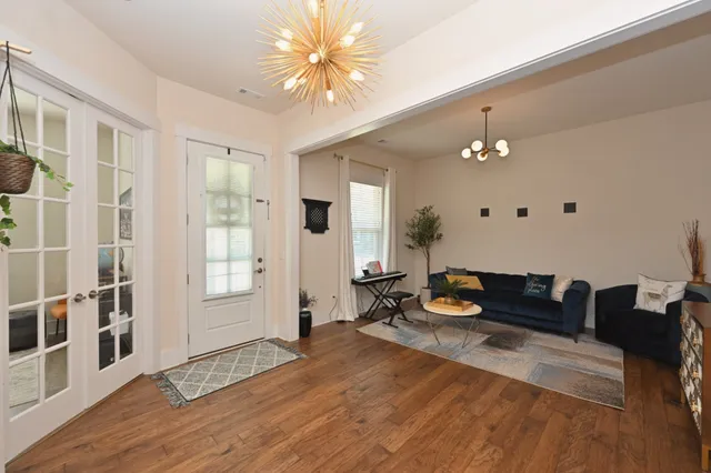 a view of a livingroom with a hardwood floor
